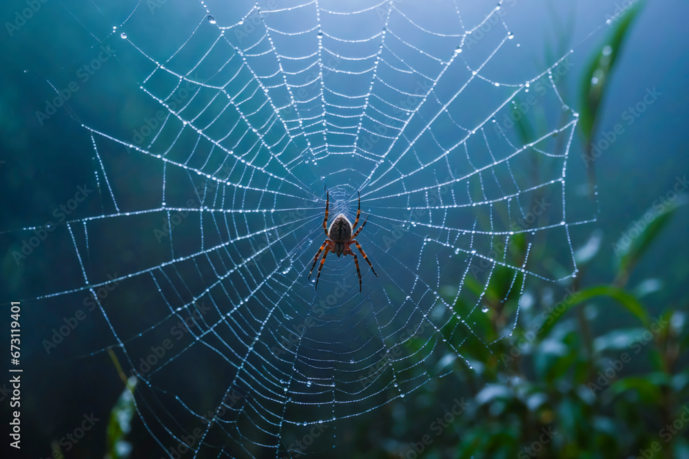 Spider centered on a dew-covered web with a blurred green background. Spider centered on a dew-covered web with a blurred green background.