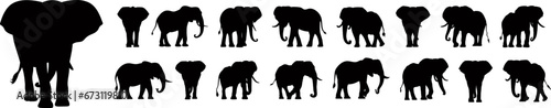 Set of elephant silhouettes in various poses, including African and Asian elephants with big ears, perfect for wildlife, safari, and nature-themed vector art. AI generated illustration.