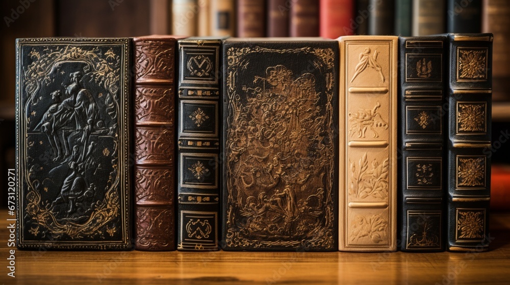 A stack of antique books with leather bindings, showcasing detailed embossing and patterns - obrazy, fototapety, plakaty 
