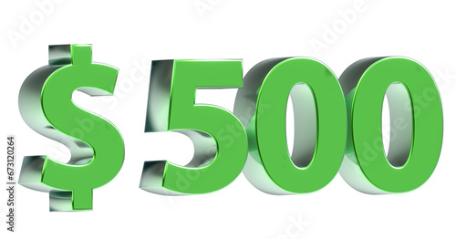 $500 plakative metallische 3D-Schrift grün, 500, fünfhundert, Dollar, Preis, Kosten, Prämie, Zahl, Betrag, Gutschrift, Gewinn, Kapital, Business, Devisen, Freisteller