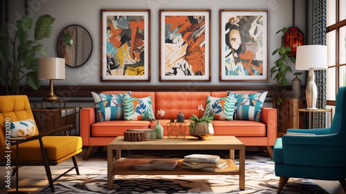 Create an eclectic living room with a mix of vintage and contemporary furniture, bold patterns, and unique art pieces that showcase the homeowner's diverse tastes