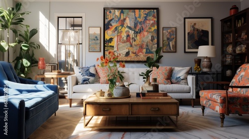 Create an eclectic living room with a mix of vintage and contemporary furniture, bold patterns, and unique art pieces that showcase the homeowner's diverse tastes photo