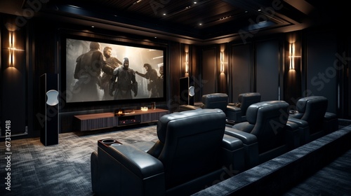 Design a home theater room with plush seating, blackout curtains, and state-of-the-art audio-visual equipment for a cinematic experience at home