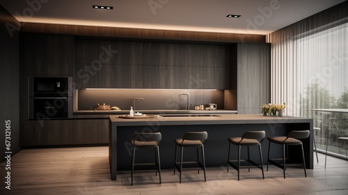 Design a minimalist kitchen with sleek cabinets, state-of-the-art appliances, and a functional layout that maximizes space