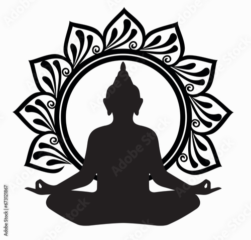Seated Buddha meditating in a circle on white background