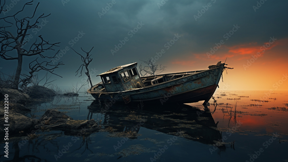 Abandoned fishing boat on a quiet lake