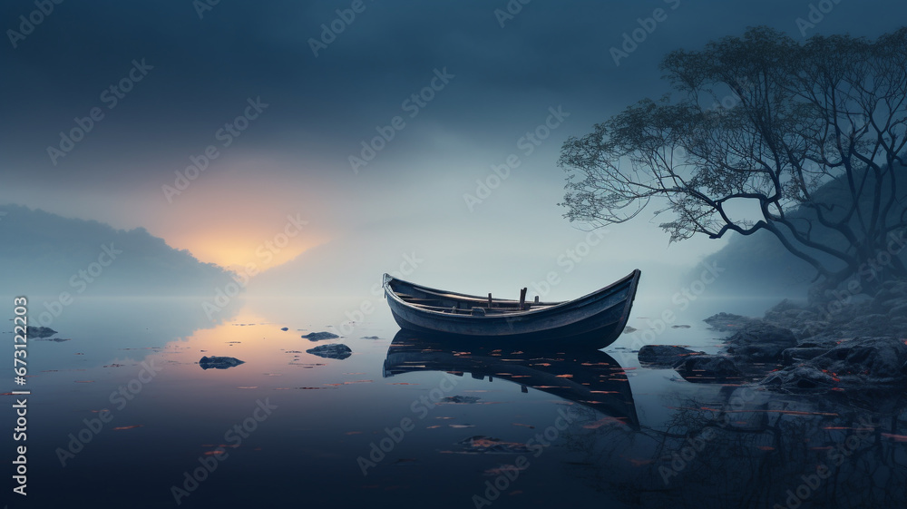 Abandoned fishing boat on a quiet lake