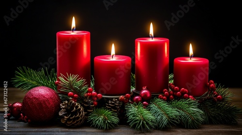Candles  Christmas Decoration with Four Burning Candles in Festive Setting for Holiday Celebration Winter Atmosphere