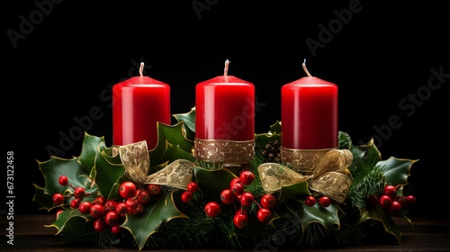 Candles, Christmas Decoration with Four Burning Candles in Festive Setting for Holiday Celebration Winter Atmosphere © Spear