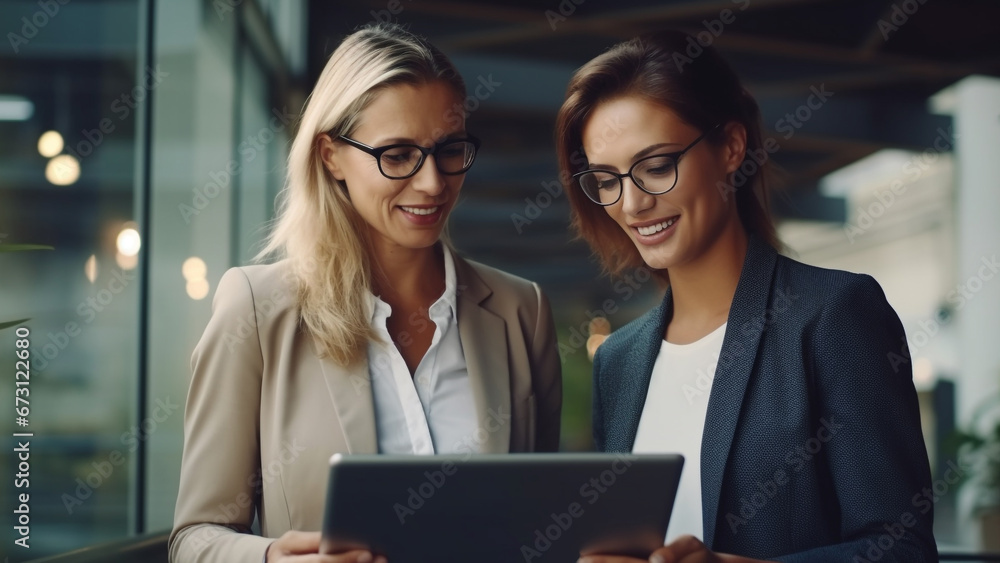 Fototapeta premium Two happy professional businesswomen use tablet PCs in the office.