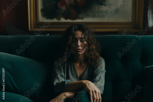 Shot of a unrecognizable woman sitting on a sofa and feeling anxious
