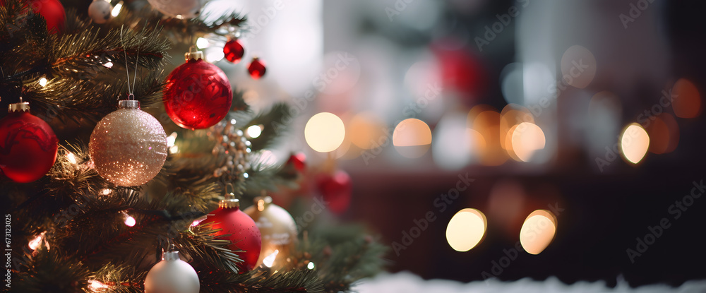 close up of festive christmas ornaments and pine branches with warm bokeh lights