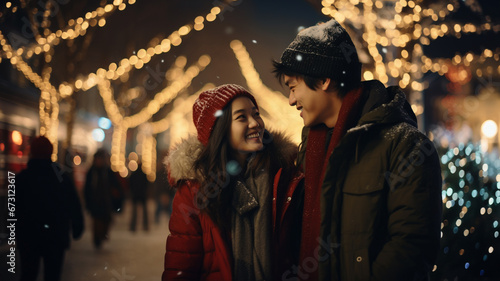 asian young couple in love walks in the street with christmas lights
