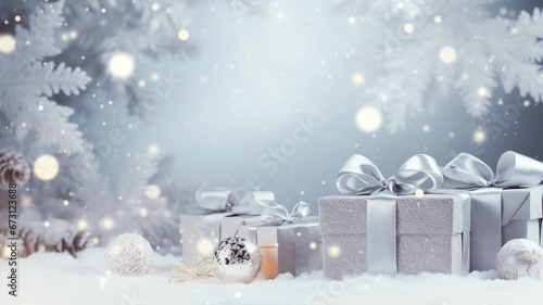 christmas and new year background - gift boxes and pine cones and branches on the background of bokeh garlands © sema_srinouljan