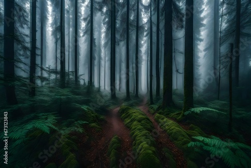 View of forest with fog - AI Generative