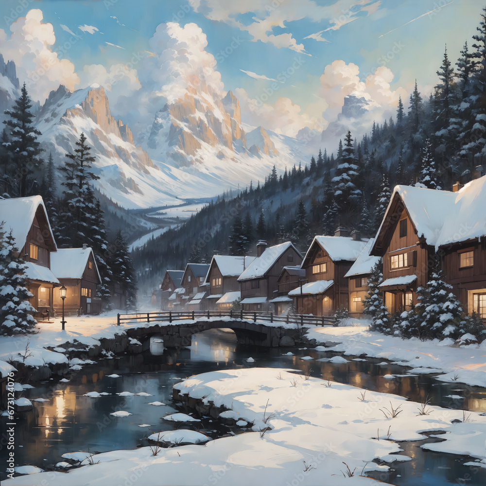 Fototapeta premium A small village by the river among the mountains in winter. Stone bridge over the river. Generative AI