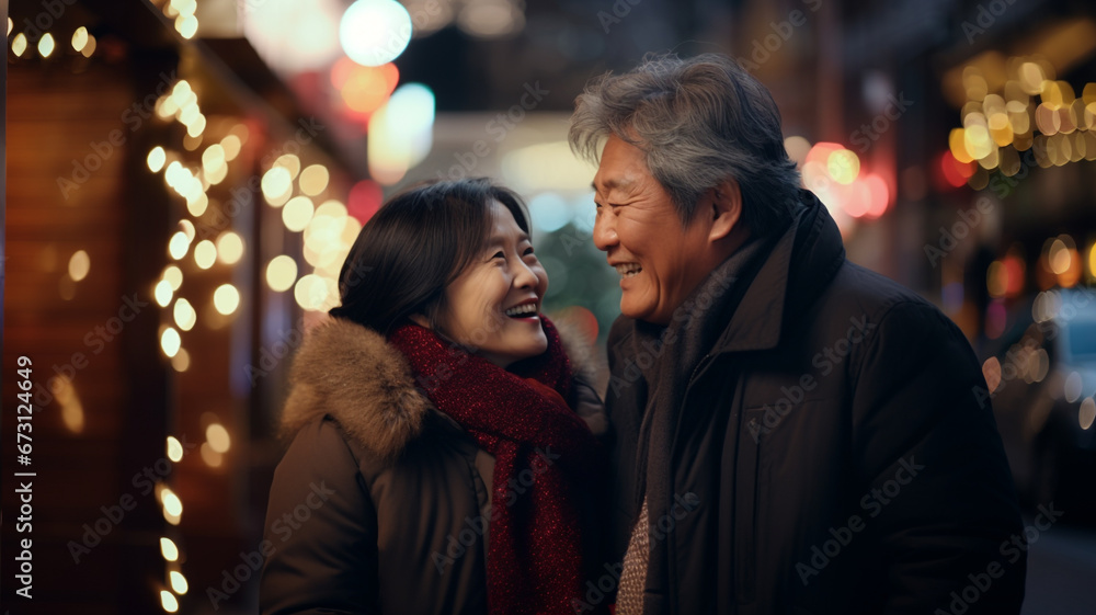 asian mature couple in love walks in the street with christmas lights