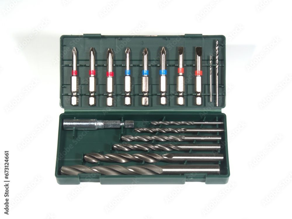 8 screw bits and 8 HSS drill bits in a practical storage box. Accessories for drilling machines. Construction and hobbies. High quality metal screwdriver bits 8 screw bits and 8 HSS drill bits in a practical storage box. Accessories for drilling machines. Construction and hobbies. High quality metal screwdriver bits