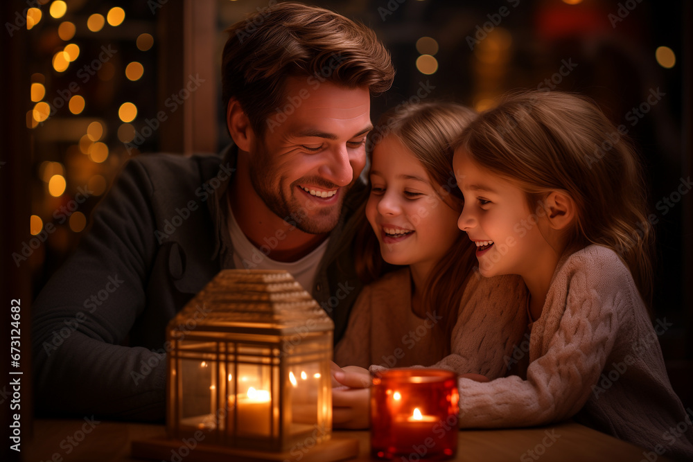 father with his two daughters building up a christmas light father with his two daughters building up a christmas light