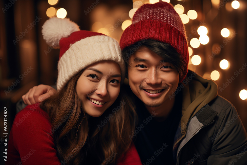 asian couple smiling happily at christmas eve asian couple smiling happily at christmas eve