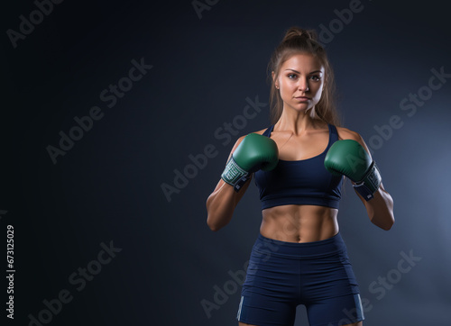 Young sportswoman training box. Full figure with boxing gloves. Studio shot. Isolated on dark blue background. Generative AI