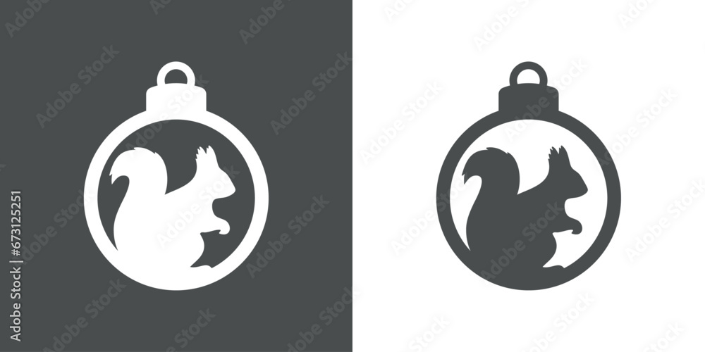 Tiempo de Navidad. Logo con silueta de bola de navidad con ardilla sentada para su uso en invitaciones y felicitaciones Tiempo de Navidad. Logo con silueta de bola de navidad con ardilla sentada para su uso en invitaciones y felicitaciones