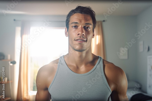 Sweating Muscular Athletic Fit Man in Grey Outfit is Posing After a Workout at Home in His Spacious and Sunny Living Room with Minimalistic Interior
