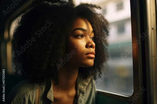 The portrait of a young charming African-American female pensively looking outside the carriage window while sitting indoors of a metro train  Brazilian girl in a subway train © alisaaa
