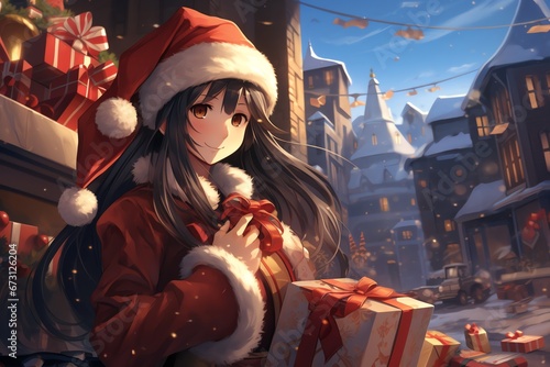 a  santa claus girl holding gift anime style illustration