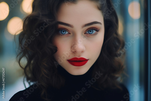 View through glass of crop young attractive brunette with wavy hair and red lips wearing black turtleneck looking at camera