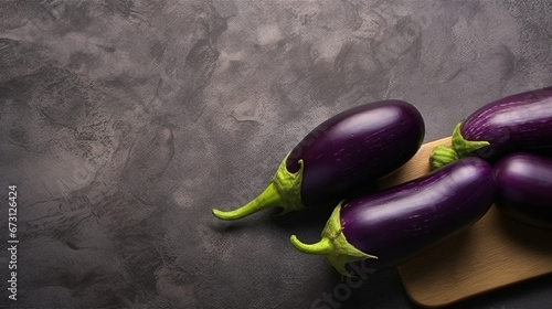 Group of on Brinjal Wooden Table Top With Copy Space Dark Background Selective Focus