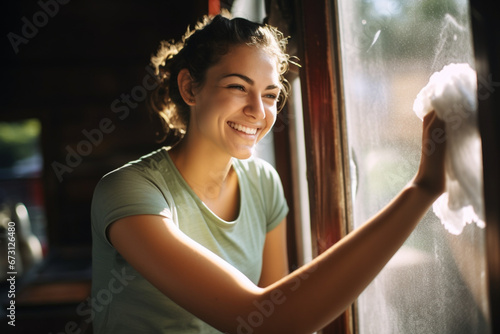 Woman cleaning windows and smiling © alisaaa