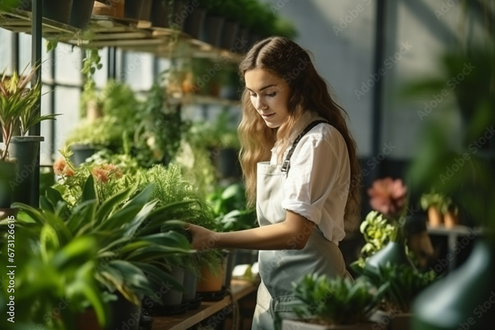 Woman professional gardener in apron take care of houseplants in floral store Woman professional gardener in apron take care of houseplants in floral store