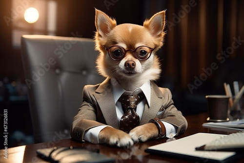 Dog office worker. A dog in the office. Chihuahua boss. Director, Manager, Worker fun © Wuttichaik