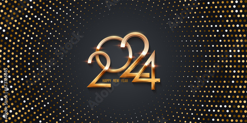 2024 Happy New Year clock countdown template. Gold halftone glitter shining in light with sparkles. Greeting festive card with golden numbers vector illustration. Merry holiday poster or wallpaper