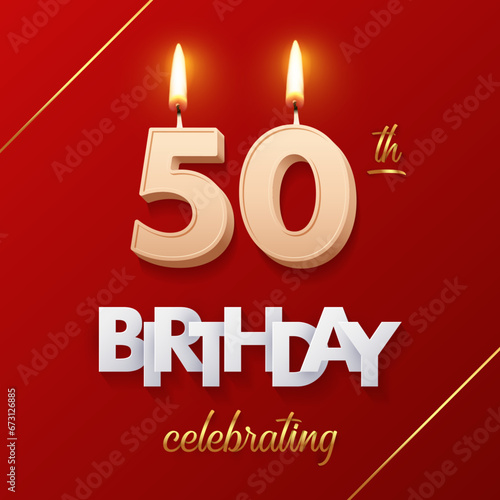 Birthday 50 number candles with fire for anniversary cake vector illustration. 3D realistic beige wax numbers with candlelight, white and gold font on red background for invitation, greeting card