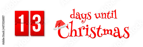 Countdown of days until Christmas, advent calendar with flip numbers template vector illustration. Red vintage text with Santa hat. 13 days until Christmas