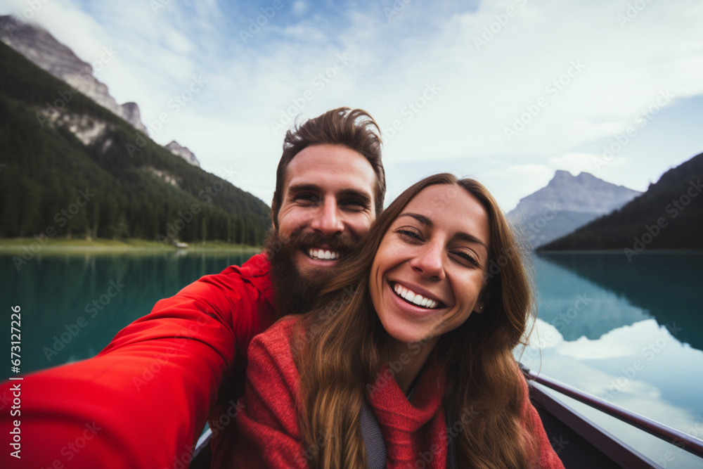 Young couple taking selfie portrait in red canoe on mountain lake