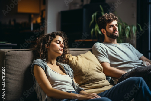 Young couple resting on the couch during moving house