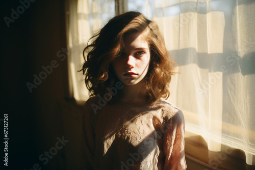 young girl standing beside window with sunlight and shadow