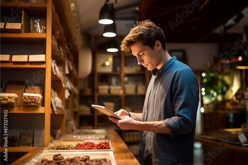 Young male delicatessen using a tablet to take inventory of artisanal merchandise on shelves in his shop photo