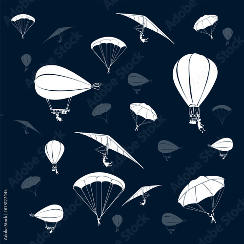 Fototapeta Naklejka Na Ścianę i Meble -  Pattern of parachute, hang glider, balloon, airship