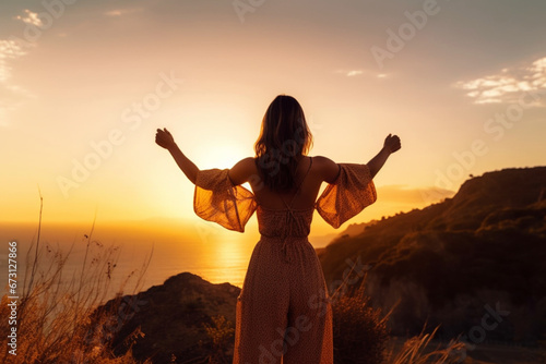 Young women enjoy the sunset and look at the view, Freedom concept