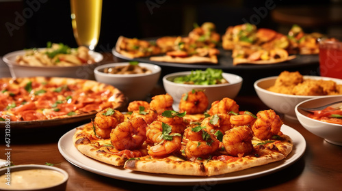 Delicious Juicy Shrimp Pizza on Blurry Background