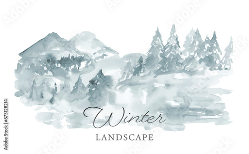 水彩で描いた冬の山景色