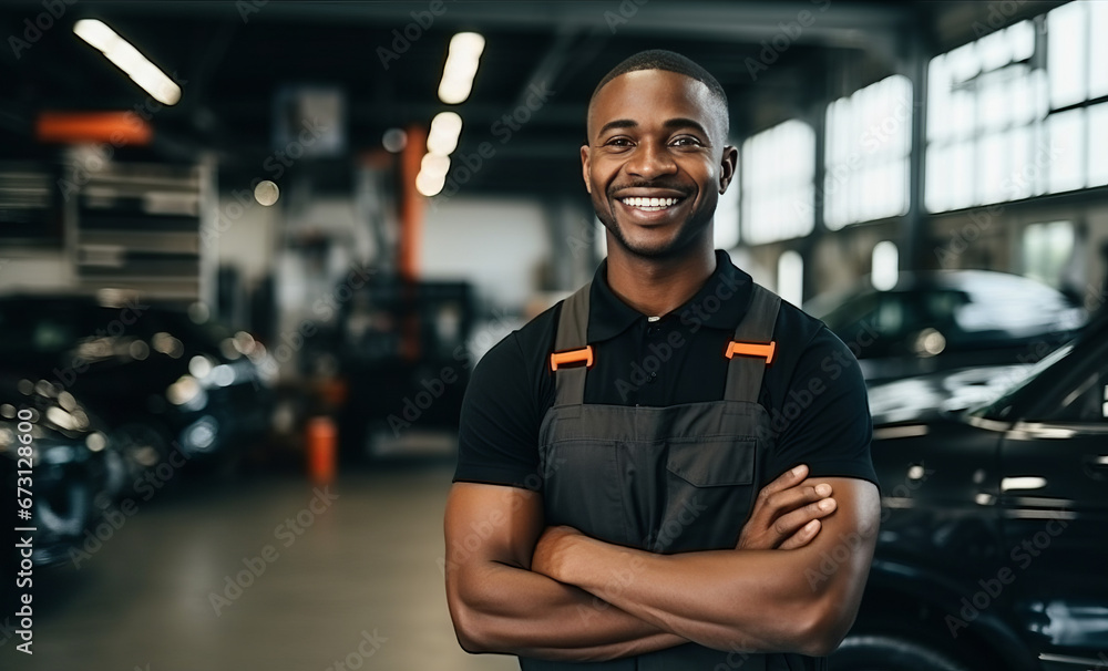 Smiling black car mechanic man standing arm crossed working in auto repair shop, African American mechanic man happy working in car garage Smiling black car mechanic man standing arm crossed working in auto repair shop, African American mechanic man happy working in car garage