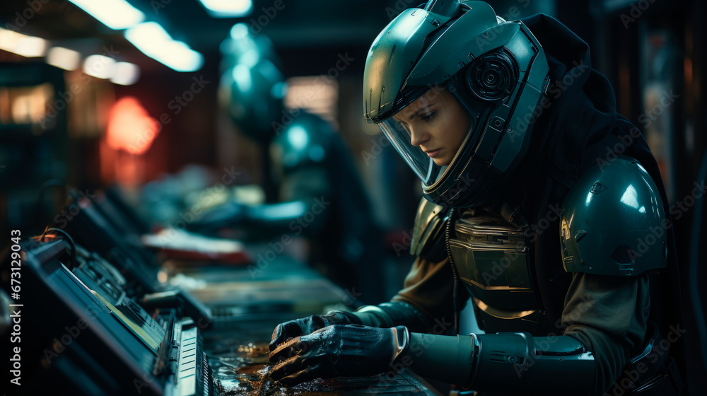 Focused technician in futuristic armor works on electronic equipment, highlighting a high-tech operational scene. Focused technician in futuristic armor works on electronic equipment, highlighting a high-tech operational scene.