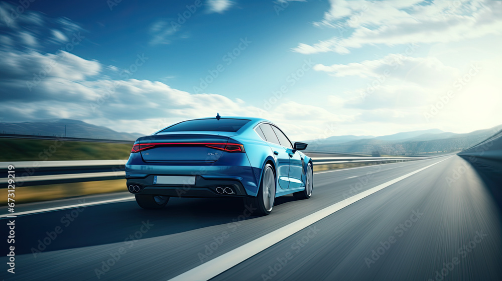 Obraz na płótnie Rear view of blue Business car on high speed in turn. Blue car rushing along a high-speed highway. Generative AI w salonie