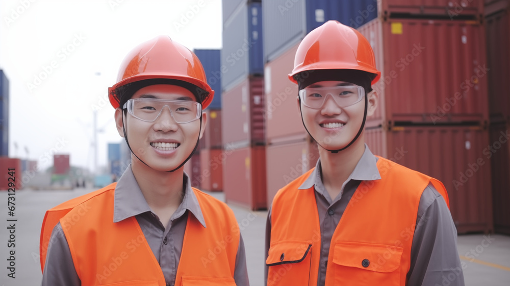 Group of asian workers at container terminal wearing helmet Group of asian workers at container terminal wearing helmet