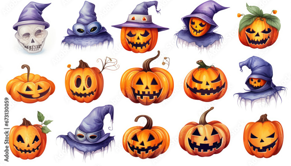 Sticker set of halloween icons on white background